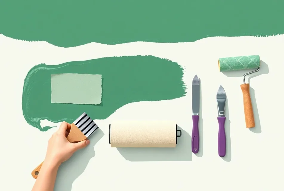 Outils de peinture disposés dans l'ordre des étapes du chantier