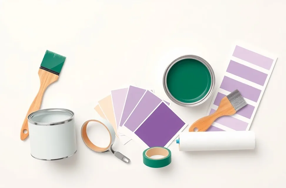 Pots de peinture, nuancier, brosses et rouleaux disposés à plat