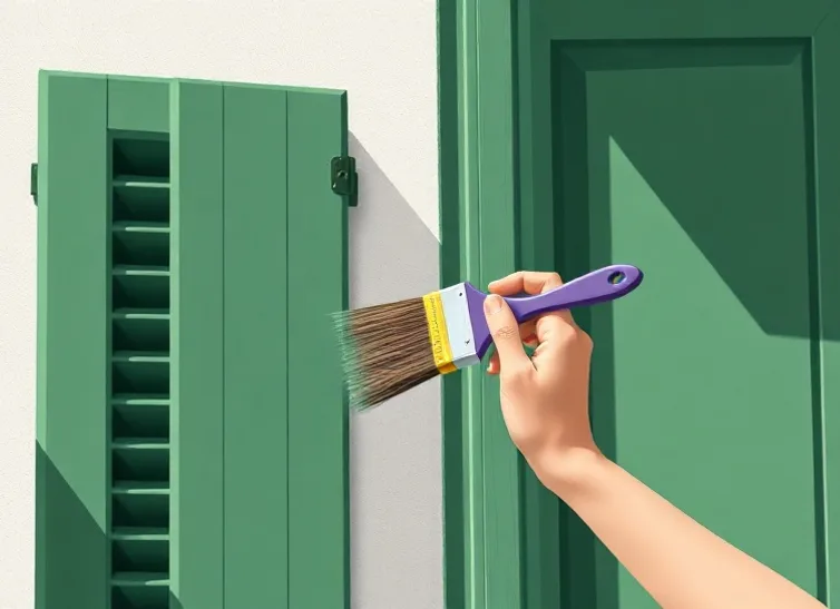 Mise en peinture au pinceau de volets et d'encadrements en bois