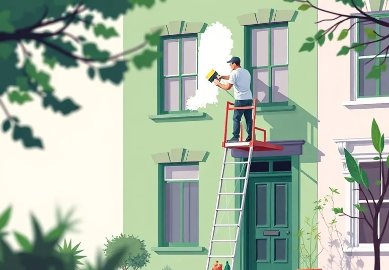 Peintre sur échafaudage traitant la façade d'une maison