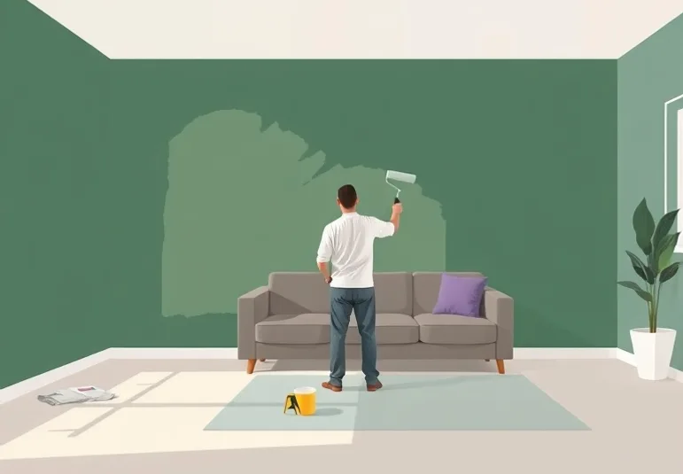 Peintre appliquant la peinture au rouleau sur un mur de salon